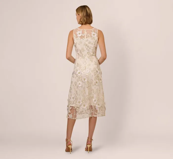 Adrianna Papell Day Dresses Floral Embroidery Illusion Midi Dress In Ivory Gold 8211 Women