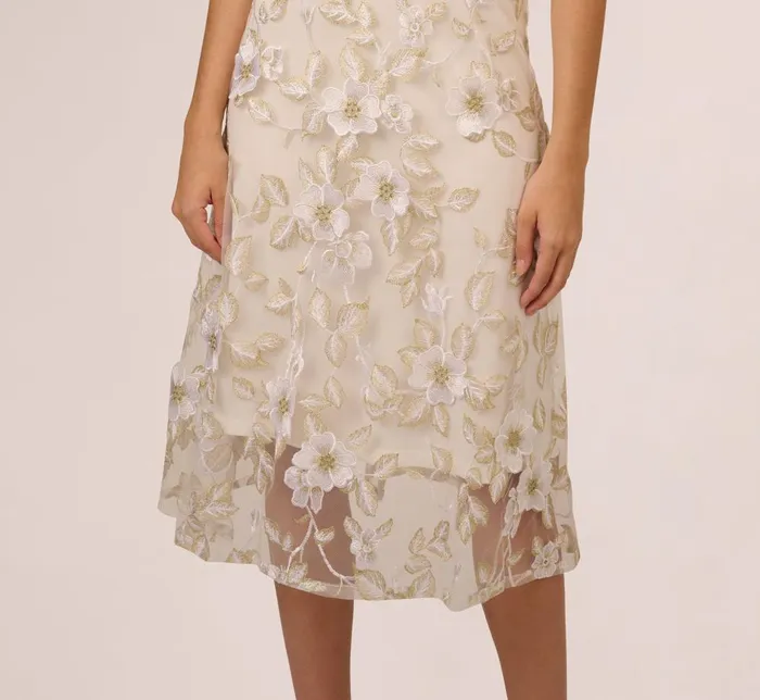 Adrianna Papell Day Dresses Floral Embroidery Illusion Midi Dress In Ivory Gold 8211 Women