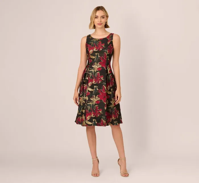 Adrianna Papell Day Dresses Floral Jacquard Fit And Flare Dress In Black Red 8211 Women Adrianna Papell Day Dresses Floral Jacquard Fit And Flare Dress In Black Red 8211 Women
