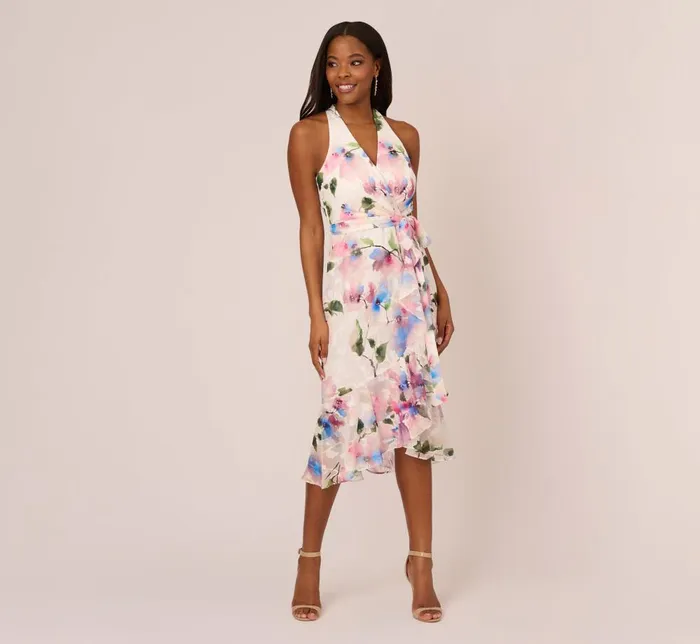 Adrianna Papell Day Dresses Floral Printed Chiffon Halter Dress With Self Tie Waist In Ivory Pink Multi 8211 Women
