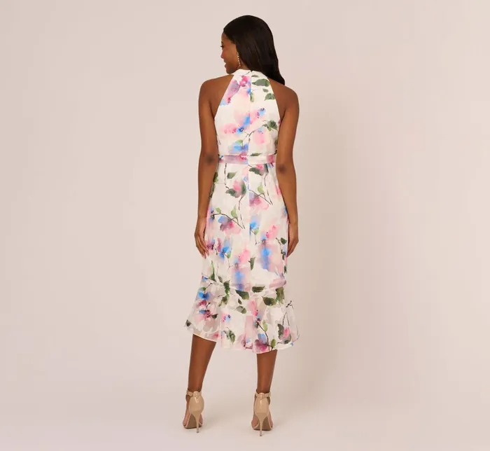 Adrianna Papell Day Dresses Floral Printed Chiffon Halter Dress With Self Tie Waist In Ivory Pink Multi 8211 Women