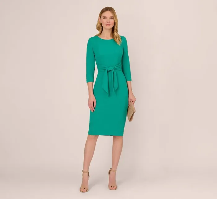 Adrianna Papell Day Dresses Knit Crepe Bow Sheath Dress With Three Quarter Sleeves In Botanic Green 8211 Women