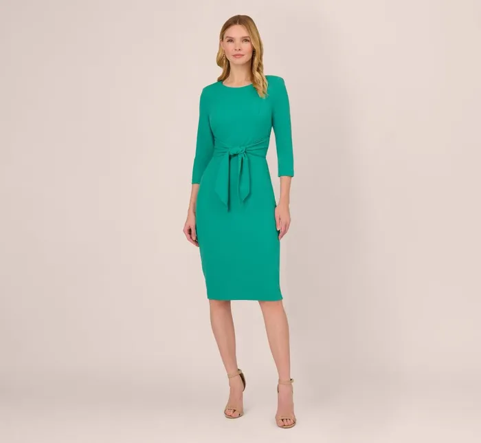 Adrianna Papell Day Dresses Knit Crepe Bow Sheath Dress With Three Quarter Sleeves In Botanic Green 8211 Women