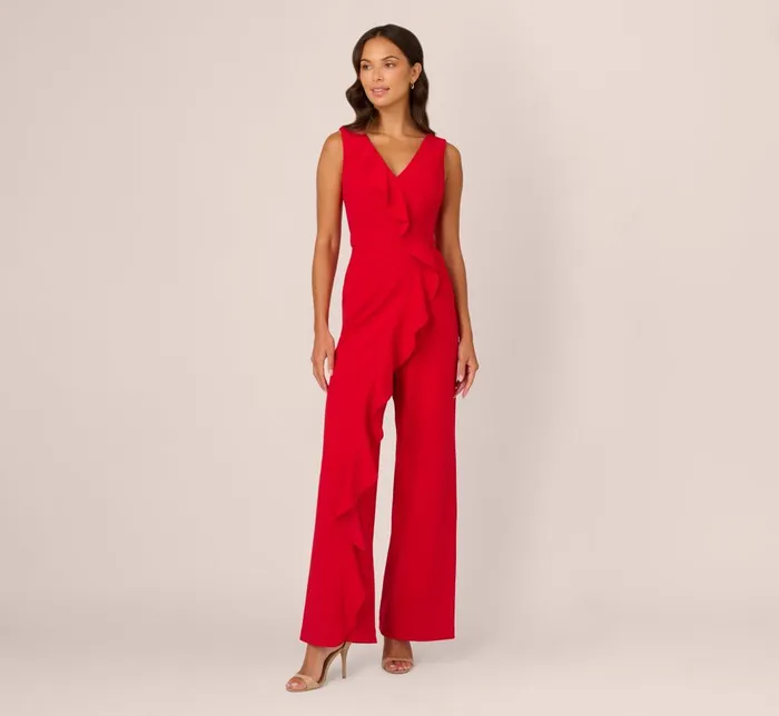 Adrianna Papell Day Dresses Knit Crepe Ruffle Jumpsuit In Super Red 8211 Women