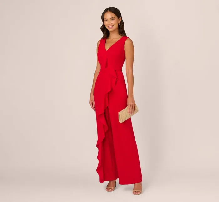 Adrianna Papell Day Dresses Knit Crepe Ruffle Jumpsuit In Super Red 8211 Women