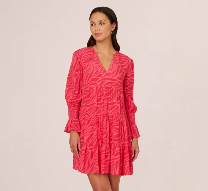 Adrianna Papell Day Dresses Leaf Print Tiered Shift Dress With Long Bell Sleeves In Pink Multi 8211 Women