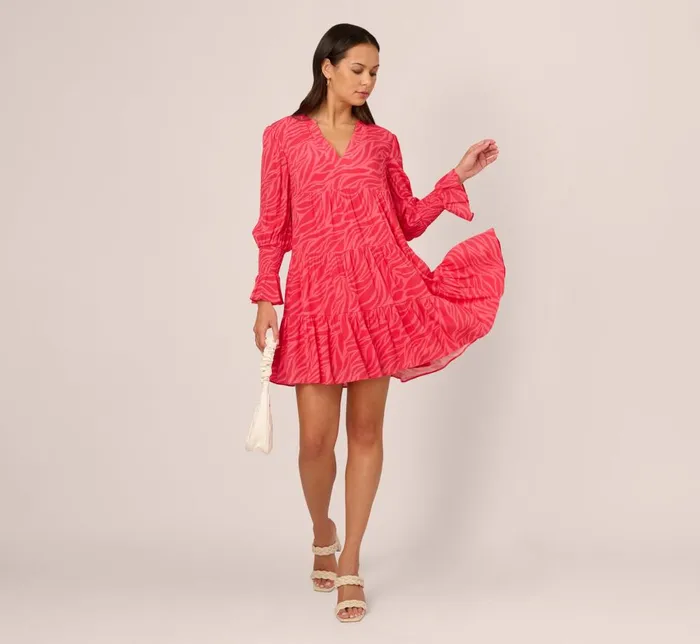 Adrianna Papell Day Dresses Leaf Print Tiered Shift Dress With Long Bell Sleeves In Pink Multi 8211 Women