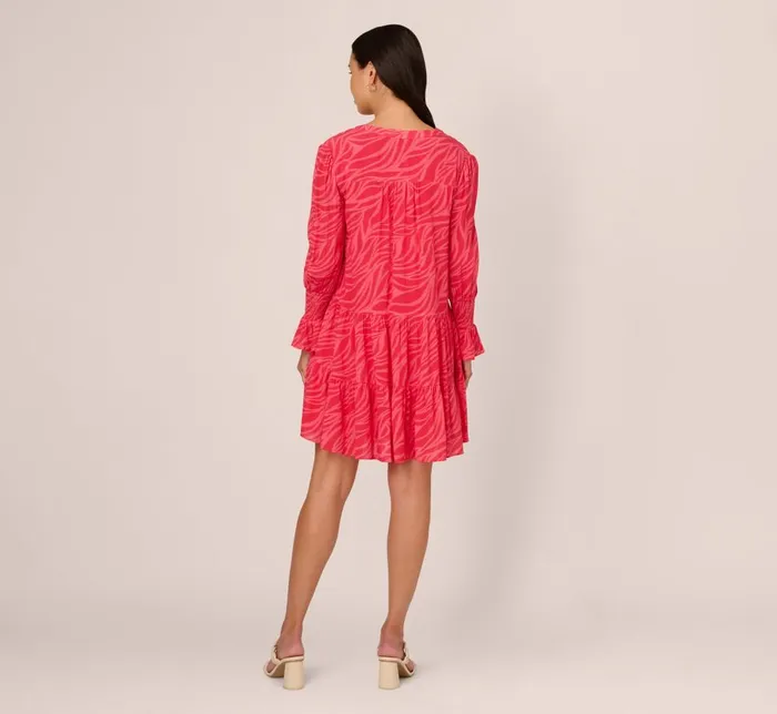 Adrianna Papell Day Dresses Leaf Print Tiered Shift Dress With Long Bell Sleeves In Pink Multi 8211 Women