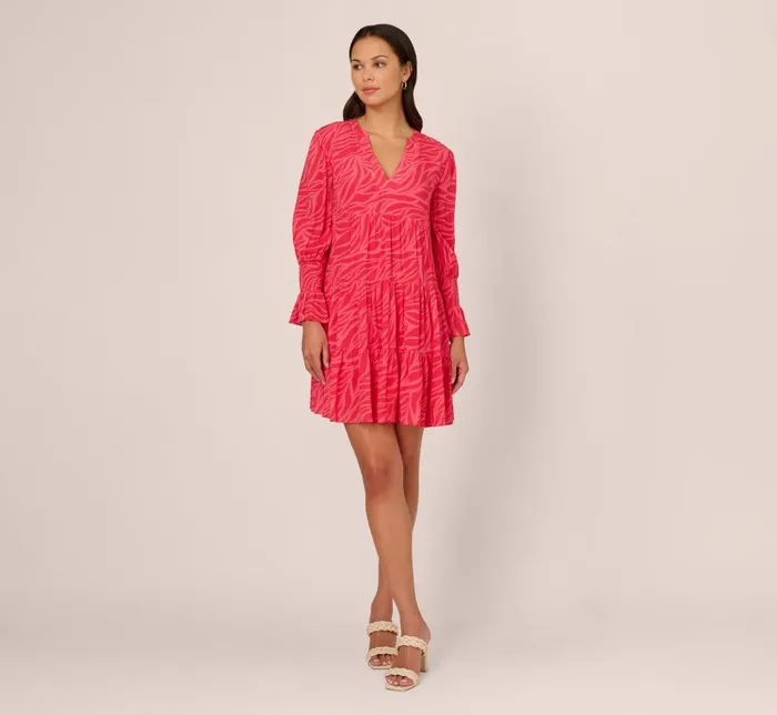 Adrianna Papell Day Dresses Leaf Print Tiered Shift Dress With Long Bell Sleeves In Pink Multi 8211 Women