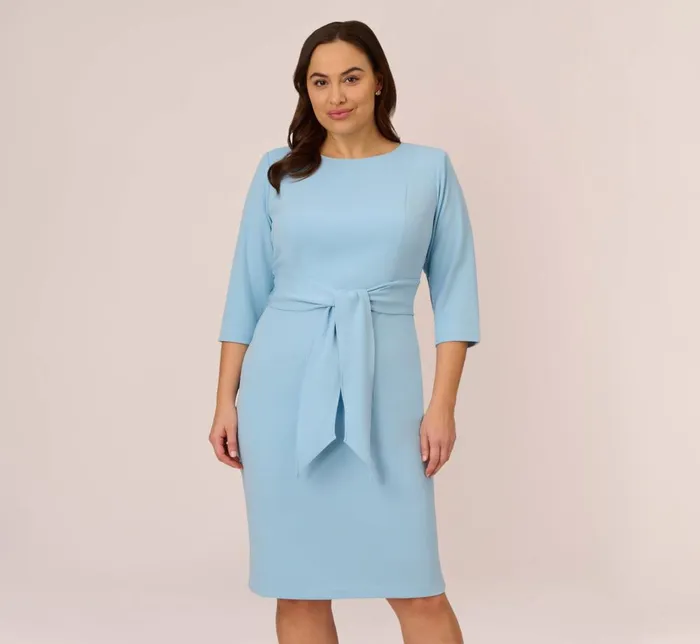 Adrianna Papell Day Dresses Plus Size Knit Crepe Bow Sheath Dress With Three Quarter Sleeves In Blue Mist 8211 Women