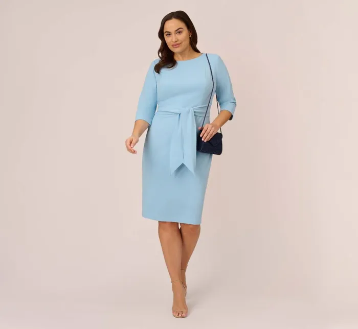Adrianna Papell Day Dresses Plus Size Knit Crepe Bow Sheath Dress With Three Quarter Sleeves In Blue Mist 8211 Women