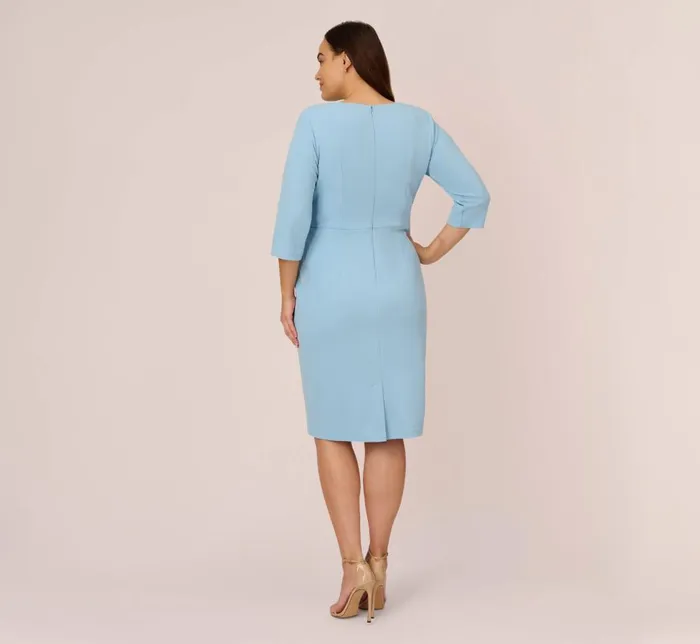 Adrianna Papell Day Dresses Plus Size Knit Crepe Bow Sheath Dress With Three Quarter Sleeves In Blue Mist 8211 Women