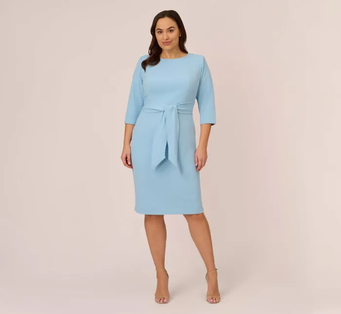 Adrianna Papell Day Dresses Plus Size Knit Crepe Bow Sheath Dress With Three Quarter Sleeves In Blue Mist 8211 Women