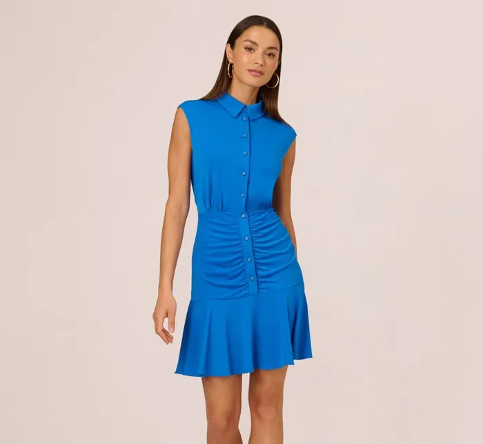 Adrianna Papell Day Dresses Shirred Button Down Jersey Dress With Cap Sleeves In Indigo 8211 Women