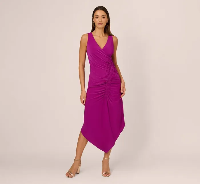 Adrianna Papell Day Dresses Sleeveless Shirred Jersey Midi Dress With Asymmetrical Hem In Wild Magenta 8211 Women