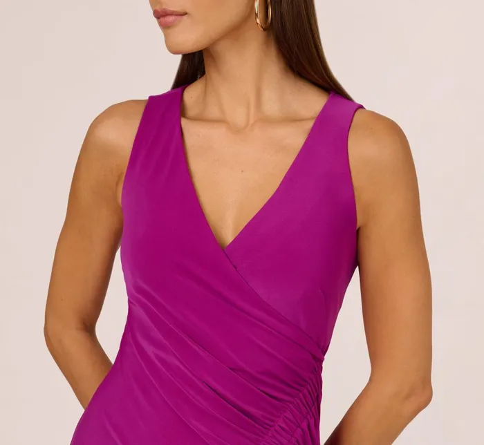 Adrianna Papell Day Dresses Sleeveless Shirred Jersey Midi Dress With Asymmetrical Hem In Wild Magenta 8211 Women