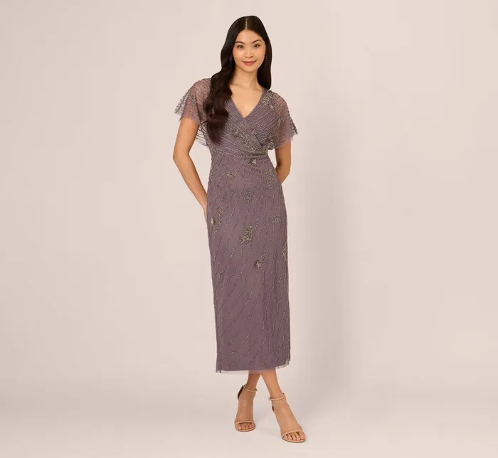 Adrianna Papell Formal Dresses Beaded Ankle Length Dress With Sheer Flutter Sleeves In Moonscape 8211 Women