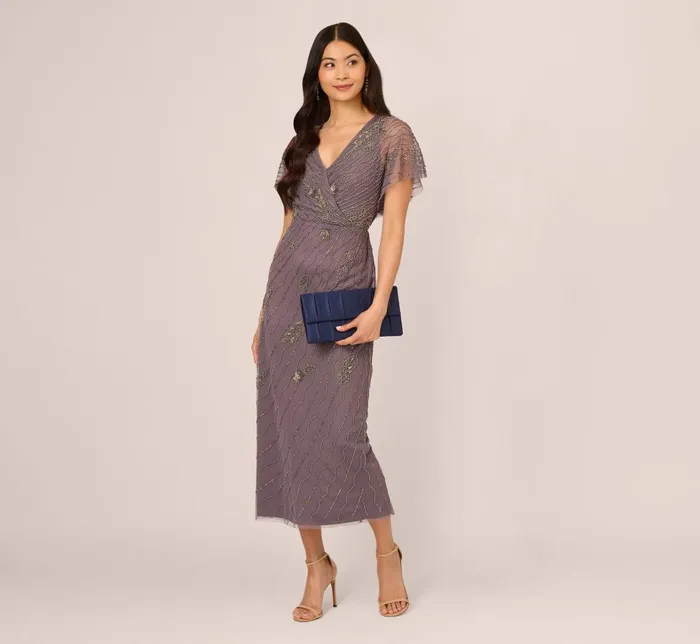 Adrianna Papell Formal Dresses Beaded Ankle Length Dress With Sheer Flutter Sleeves In Moonscape 8211 Women