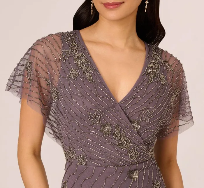 Adrianna Papell Formal Dresses Beaded Ankle Length Dress With Sheer Flutter Sleeves In Moonscape 8211 Women