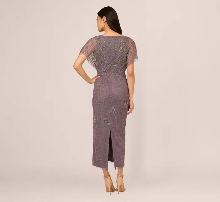 Adrianna Papell Formal Dresses Beaded Ankle Length Dress With Sheer Flutter Sleeves In Moonscape 8211 Women