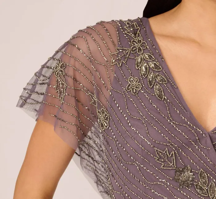 Adrianna Papell Formal Dresses Beaded Ankle Length Dress With Sheer Flutter Sleeves In Moonscape 8211 Women