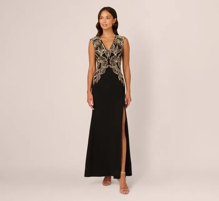Adrianna Papell Formal Dresses Beaded Crepe Long Dress In Black 8211 Women