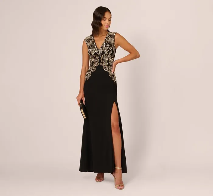 Adrianna Papell Formal Dresses Beaded Crepe Long Dress In Black 8211 Women