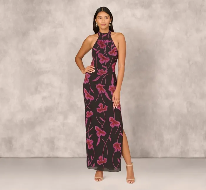 Adrianna Papell Formal Dresses Beaded Floral Halter Column Gown With Mock Neck In Black Multi 8211 Women