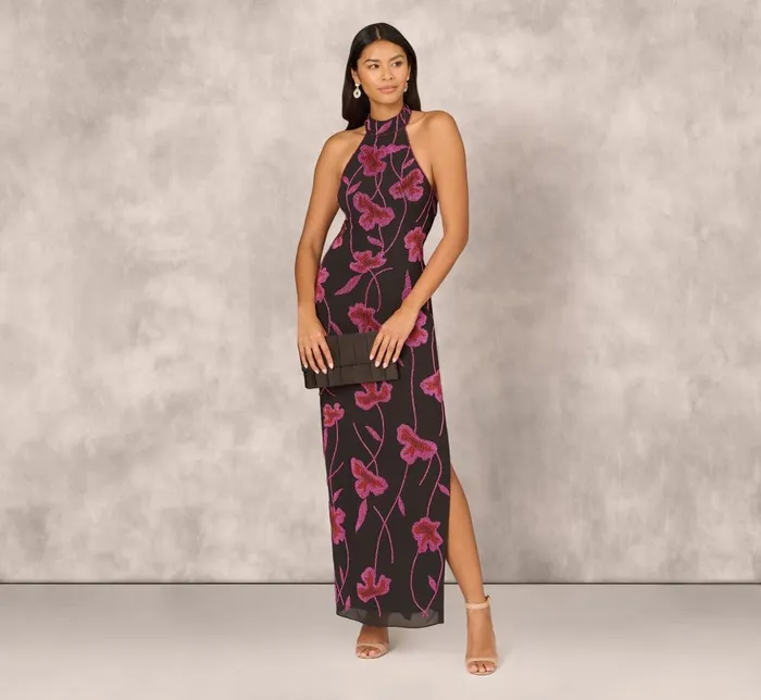 Adrianna Papell Formal Dresses Beaded Floral Halter Column Gown With Mock Neck In Black Multi 8211 Women