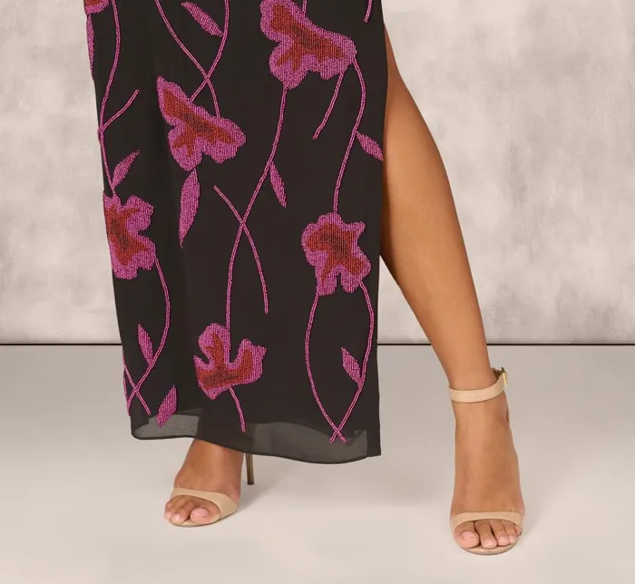 Adrianna Papell Formal Dresses Beaded Floral Halter Column Gown With Mock Neck In Black Multi 8211 Women