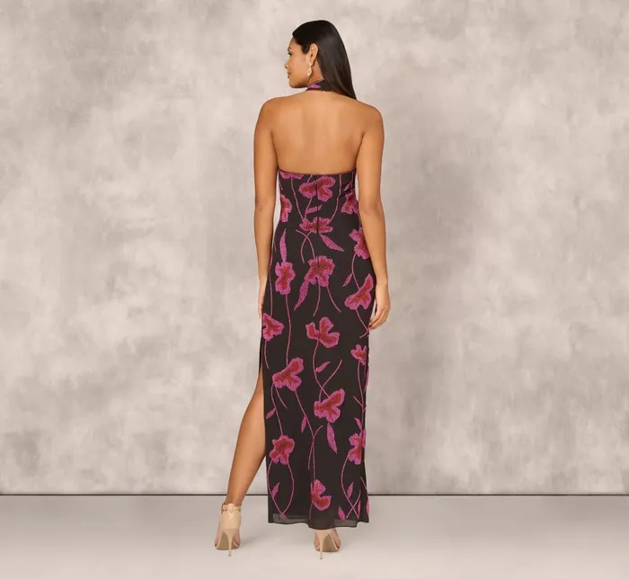 Adrianna Papell Formal Dresses Beaded Floral Halter Column Gown With Mock Neck In Black Multi 8211 Women