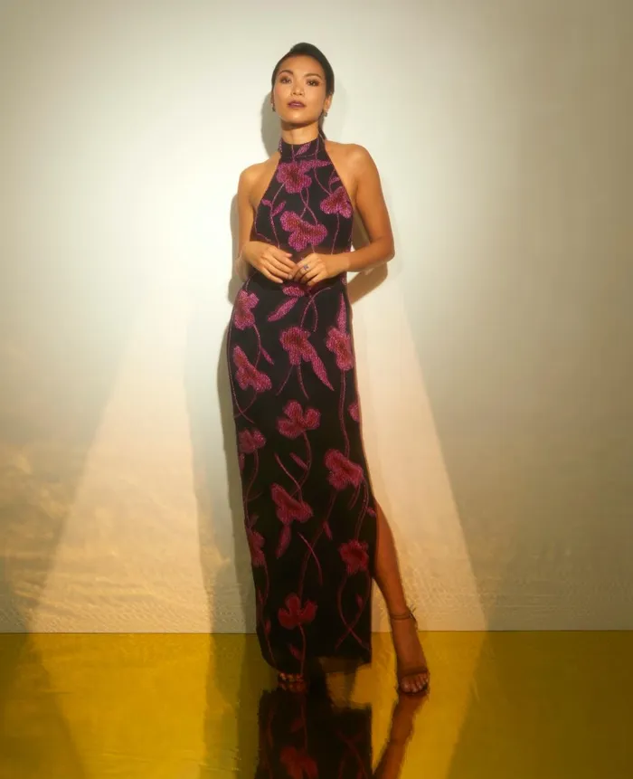 Adrianna Papell Formal Dresses Beaded Floral Halter Column Gown With Mock Neck In Black Multi 8211 Women