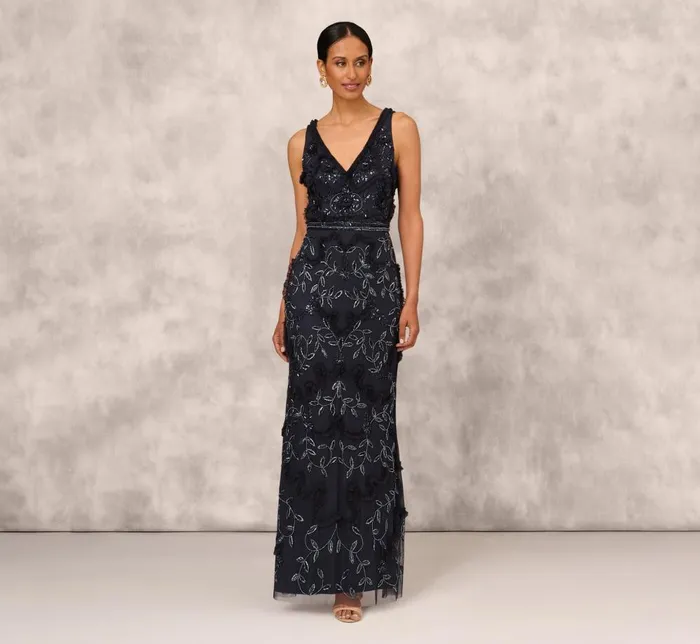 Adrianna Papell Formal Dresses Beaded Ruffle Sleeveless Gown With VNeck And Back In Twilight 8211 Women
