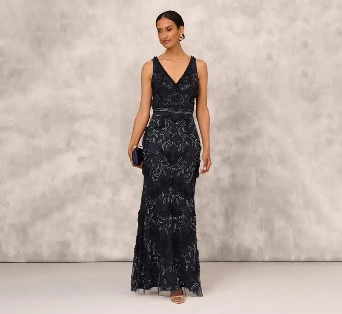 Adrianna Papell Formal Dresses Beaded Ruffle Sleeveless Gown With VNeck And Back In Twilight 8211 Women