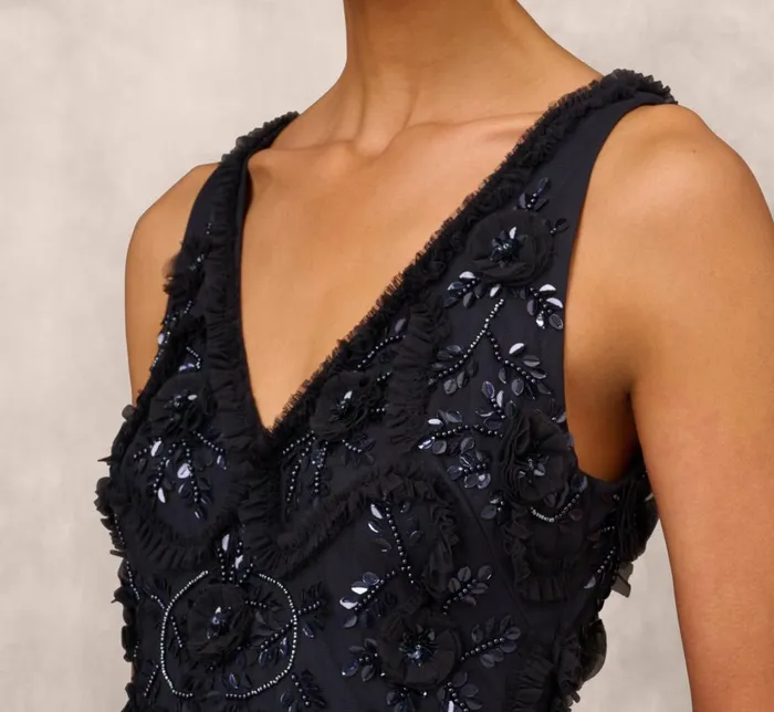 Adrianna Papell Formal Dresses Beaded Ruffle Sleeveless Gown With VNeck And Back In Twilight 8211 Women