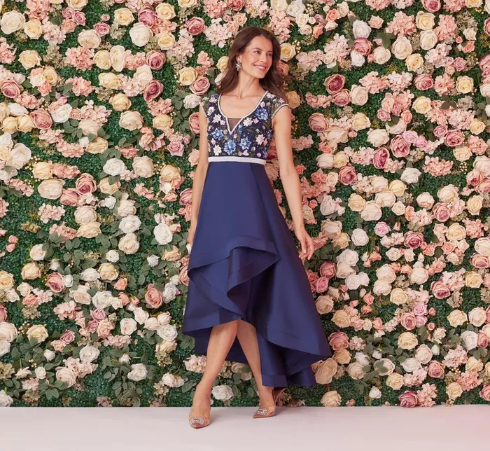 Adrianna Papell Formal Dresses Cap Sleeve Beaded Gown With Taffeta High Low Skirt In Light Navy 8211 Women