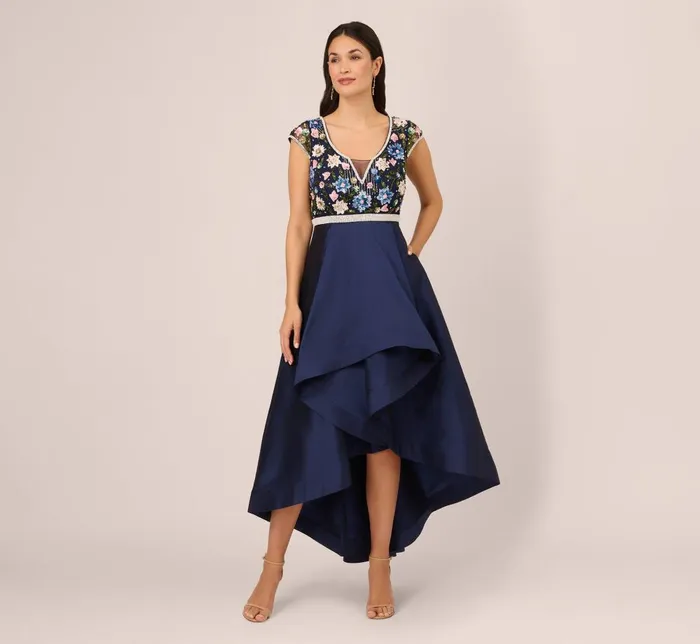 Adrianna Papell Formal Dresses Cap Sleeve Beaded Gown With Taffeta High Low Skirt In Light Navy 8211 Women