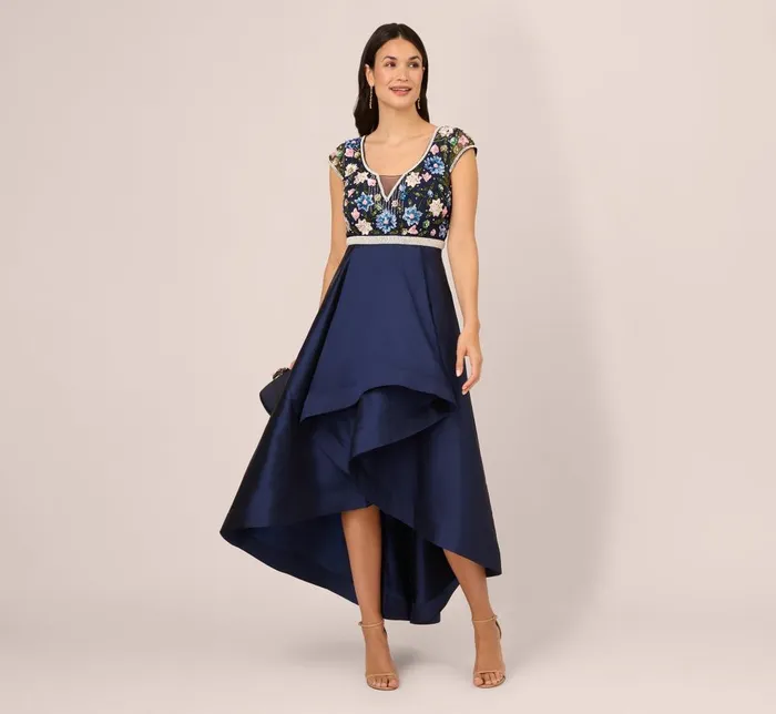 Adrianna Papell Formal Dresses Cap Sleeve Beaded Gown With Taffeta High Low Skirt In Light Navy 8211 Women