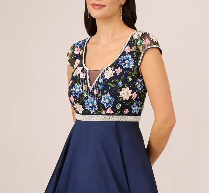 Adrianna Papell Formal Dresses Cap Sleeve Beaded Gown With Taffeta High Low Skirt In Light Navy 8211 Women