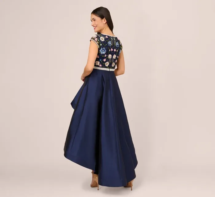 Adrianna Papell Formal Dresses Cap Sleeve Beaded Gown With Taffeta High Low Skirt In Light Navy 8211 Women