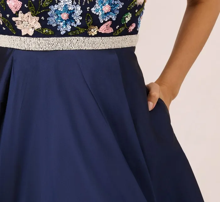 Adrianna Papell Formal Dresses Cap Sleeve Beaded Gown With Taffeta High Low Skirt In Light Navy 8211 Women