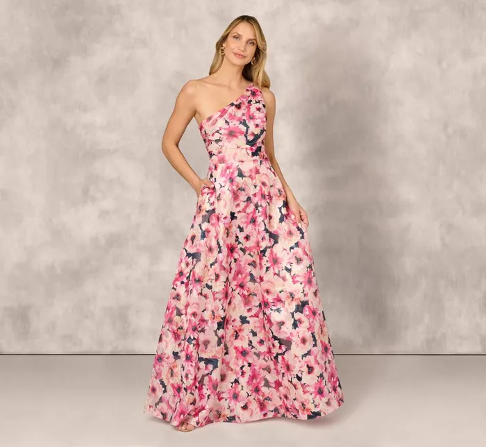 Adrianna Papell Formal Dresses Floral Print Jacquard One Shoulder Ball Gown In Hot Pink Multi 8211 Women