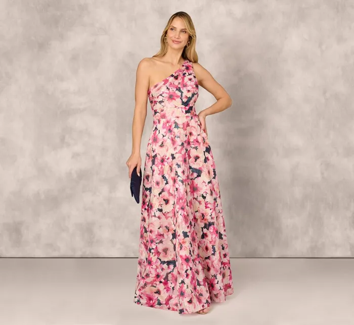 Adrianna Papell Formal Dresses Floral Print Jacquard One Shoulder Ball Gown In Hot Pink Multi 8211 Women