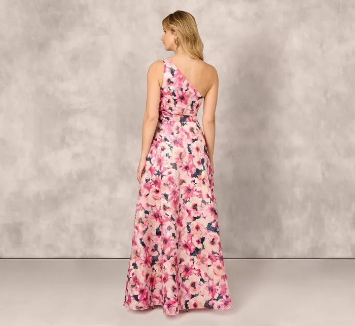 Adrianna Papell Formal Dresses Floral Print Jacquard One Shoulder Ball Gown In Hot Pink Multi 8211 Women