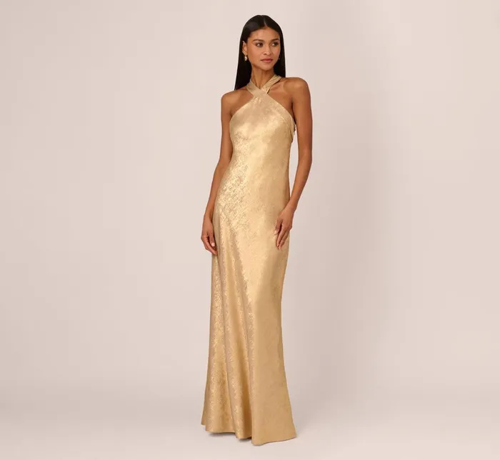 Adrianna Papell Formal Dresses Foiled Mermaid Gown With Halter Neckline In Light Gold 8211 Women Adrianna Papell Formal Dresses Foiled Mermaid Gown With Halter Neckline In Light Gold 8211 Women