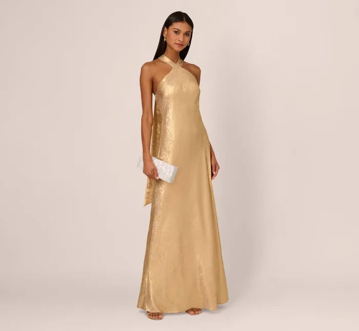Adrianna Papell Formal Dresses Foiled Mermaid Gown With Halter Neckline In Light Gold 8211 Women