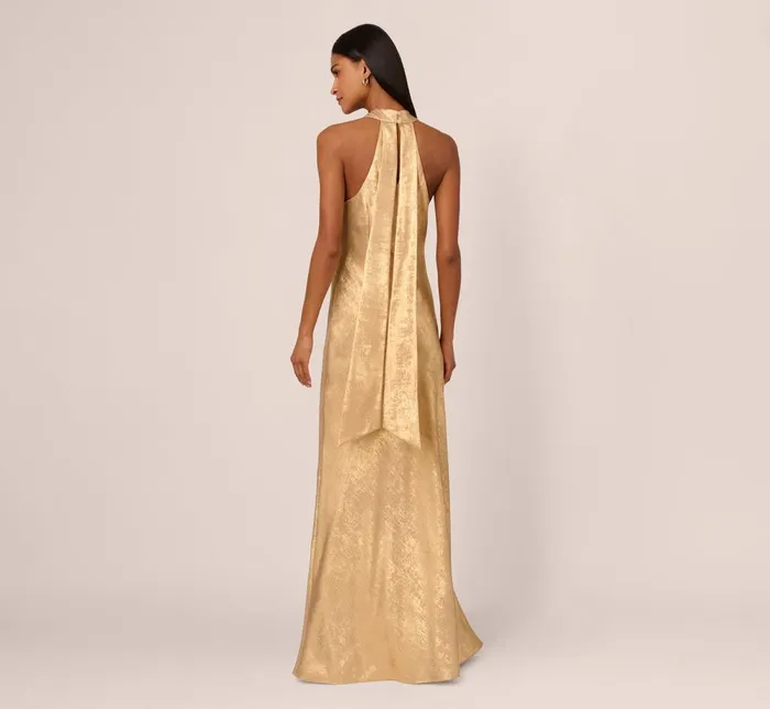 Adrianna Papell Formal Dresses Foiled Mermaid Gown With Halter Neckline In Light Gold 8211 Women