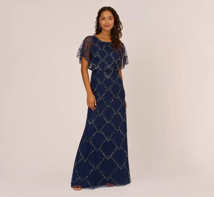 Adrianna Papell Formal Dresses HandBeaded Blouson Long Gown With Flutter Sleeves In Light Navy 8211 Women