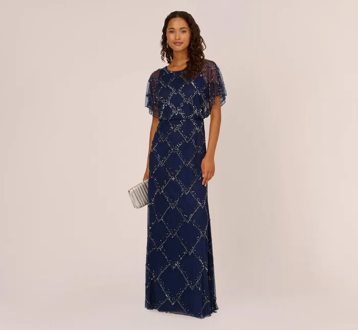 Adrianna Papell Formal Dresses HandBeaded Blouson Long Gown With Flutter Sleeves In Light Navy 8211 Women