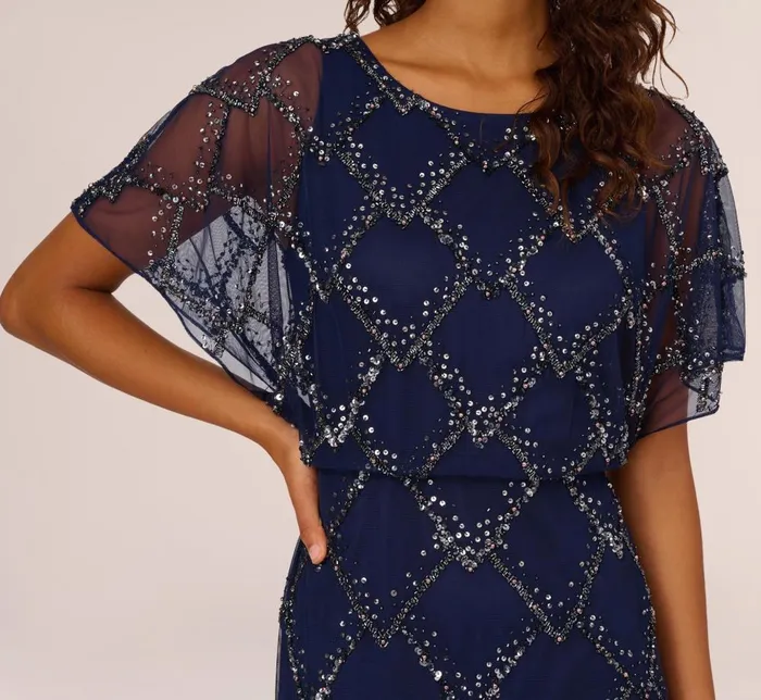 Adrianna Papell Formal Dresses HandBeaded Blouson Long Gown With Flutter Sleeves In Light Navy 8211 Women